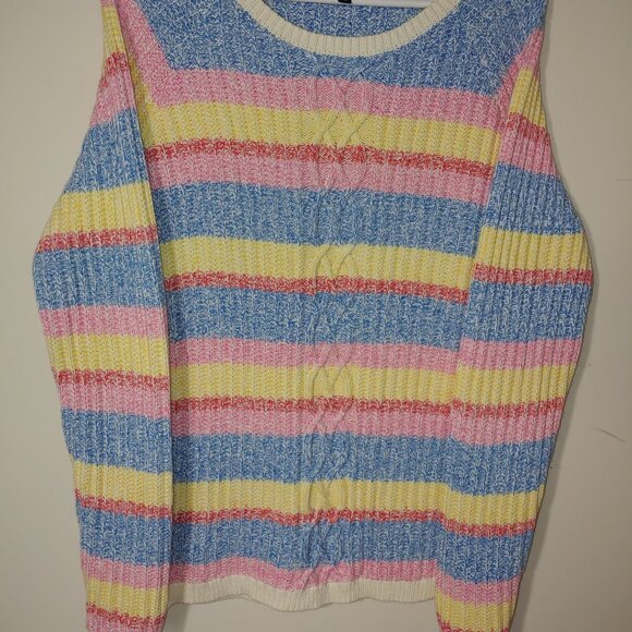 Talbots Cotton Blend Pastel Rainbow Cable Knit Sweater Size L Multicolored - Picture 3 of 5